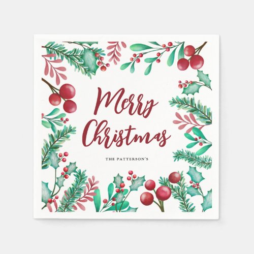 Watercolor Winter Foliage Merry Christmas Napkins