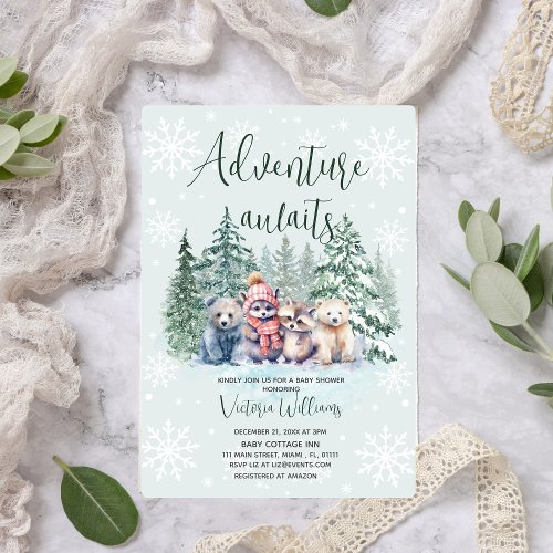 Watercolor Winter Forest Animal Baby Shower  Invitation