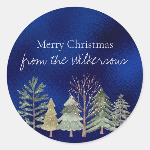 Watercolor Winter Forest at Night Simple Trees Classic Round Sticker
