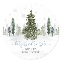 Watercolor Winter Forest Blue Baby Shower Classic Round Sticker