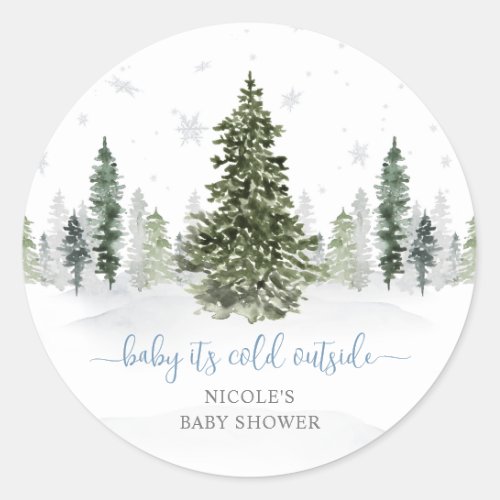 Watercolor Winter Forest Blue Baby Shower Classic Round Sticker