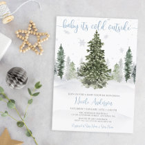Watercolor Winter Forest Blue Baby Shower Invitation