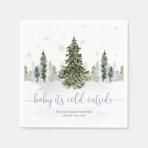 Watercolor Winter Forest Blue Baby Shower Napkins