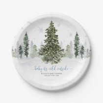 Watercolor Winter Forest Blue Baby Shower Paper Plates