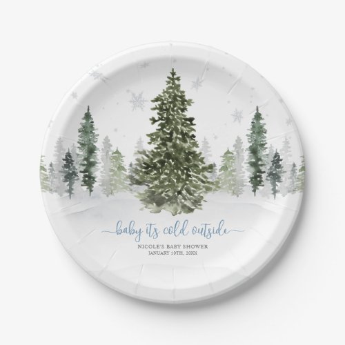 Watercolor Winter Forest Blue Baby Shower Paper Plates