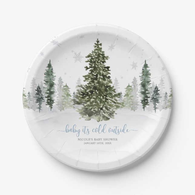 Watercolor Winter Forest Blue Baby Shower Paper Plates (Front)