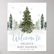 Watercolor Winter Forest Blue Baby Shower Welcome Poster