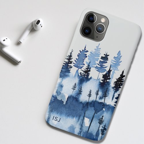 Watercolor Winter Forest Blue Landscape Monogram iPhone 11 Pro Case