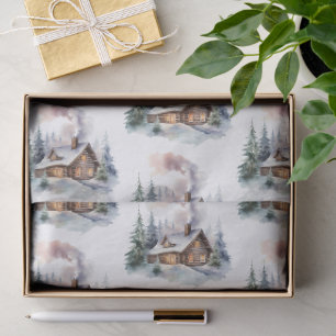 Watercolor Winter Forest Cabin I Green Pine Tree Tissue Paper