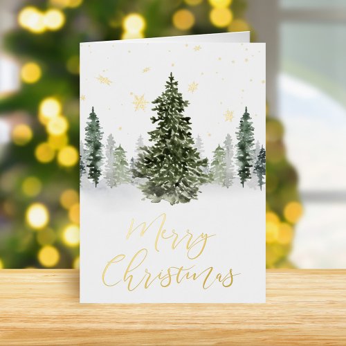 Watercolor Winter Forest Christmas Folded Gold Foil Holiday Card