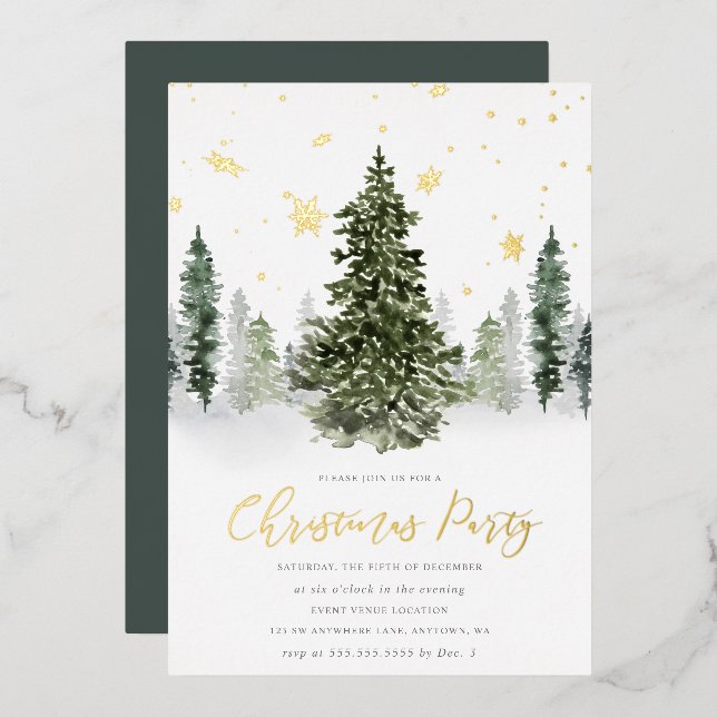 Watercolor Winter Forest Christmas Party Gold Foil Invitation (Front/Back)