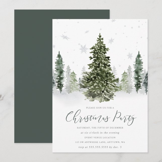 Watercolor Winter Forest Christmas Party Invitation (Front/Back)
