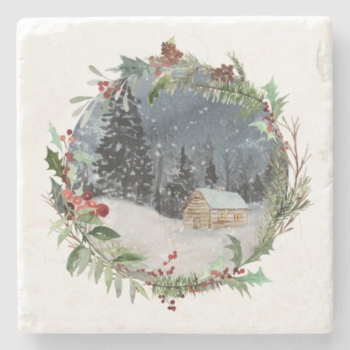 Watercolor Winter Forest Christmas   Stone Coaster