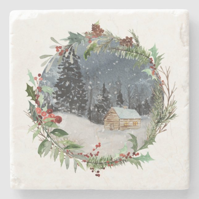 Watercolor Winter Forest Christmas   Stone Coaster (Front)
