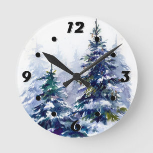 Watercolor winter forest Christmas tree modern ill Round Clock