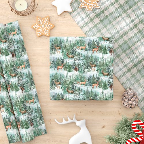Watercolor Winter Forest Deer Christmas Wrapping Paper