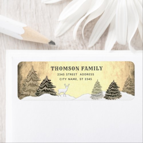 Watercolor Winter forest deer scene Label