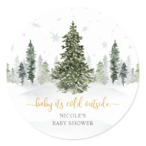 Watercolor Winter Forest Gold Baby Shower Classic Round Sticker