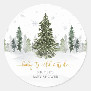 Watercolor Winter Forest Gold Baby Shower Classic Round Sticker