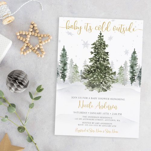 Watercolor Winter Forest Gold Baby Shower Invitation