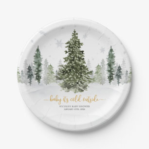 Watercolor Winter Forest Gold Baby Shower Paper Plates