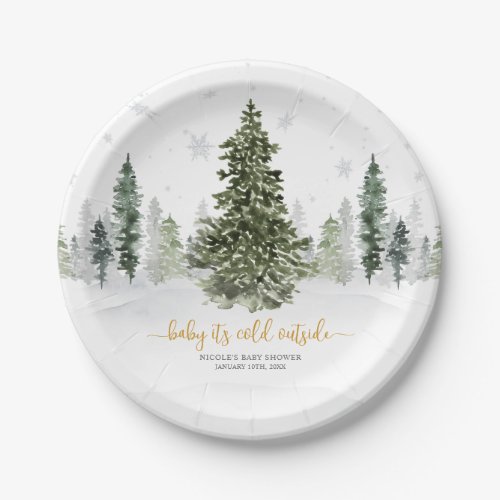 Watercolor Winter Forest Gold Baby Shower Paper Plates