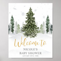 Watercolor Winter Forest Gold Baby Shower Welcome Poster
