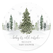 Watercolor Winter Forest Gray Baby Shower Classic Round Sticker