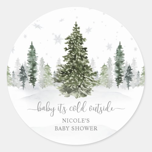 Watercolor Winter Forest Gray Baby Shower Classic Round Sticker