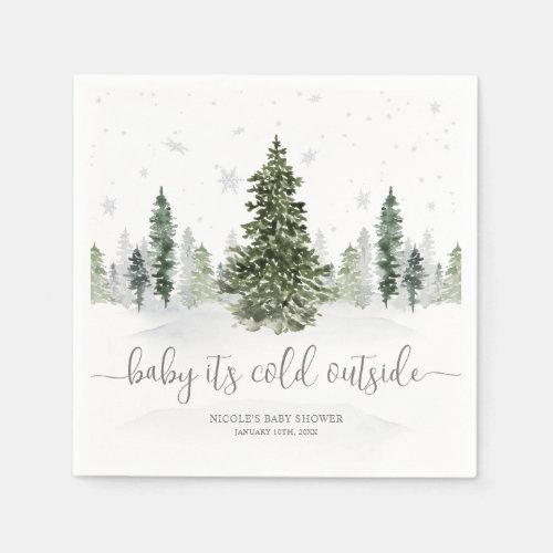 Watercolor Winter Forest Gray Baby Shower Napkins