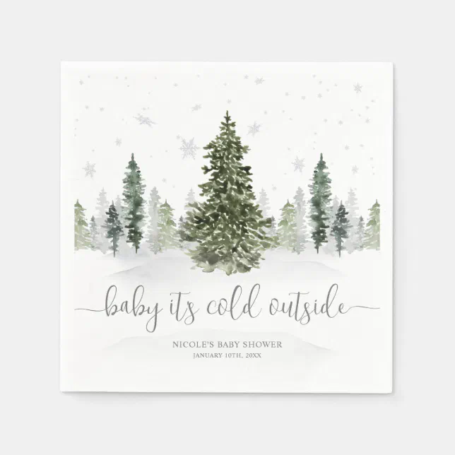 Watercolor Winter Forest Gray Baby Shower Napkins | Zazzle