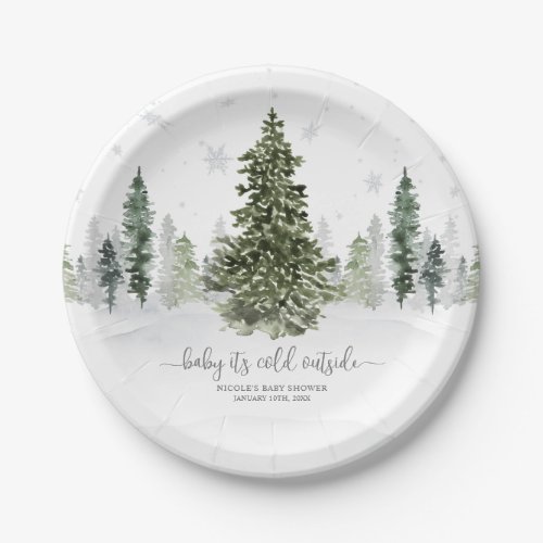 Watercolor Winter Forest Gray Baby Shower Paper Plates