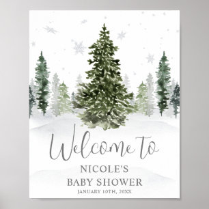 Watercolor Winter Forest Gray Baby Shower Welcome Poster