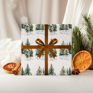 Watercolor Winter Forest Green Pine Tree Christmas Wrapping Paper Sheets