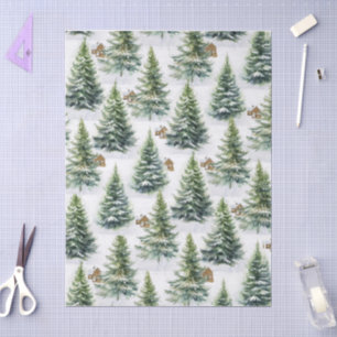 Watercolor Winter Forest Green Pine Tree I Cabin Tissue Paper