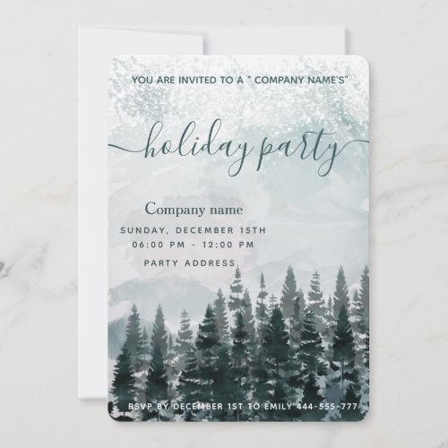 Watercolor winter forest   holiday party corporate invitation