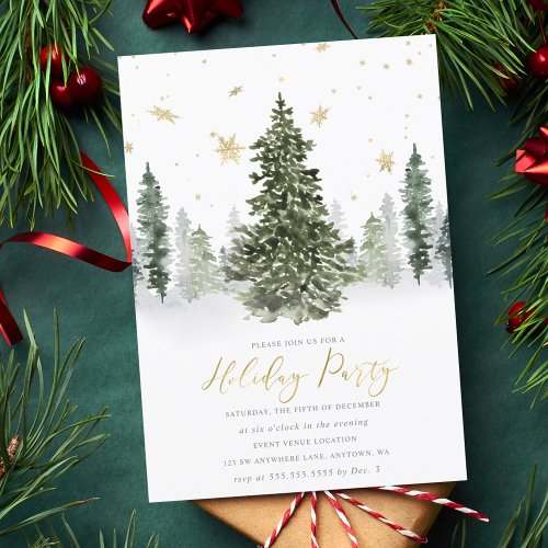 Watercolor Winter Forest Holiday Party Gold Invitation