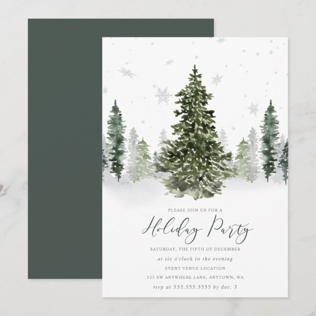 Watercolor Winter Forest Holiday Party Invitation (Front/Back)