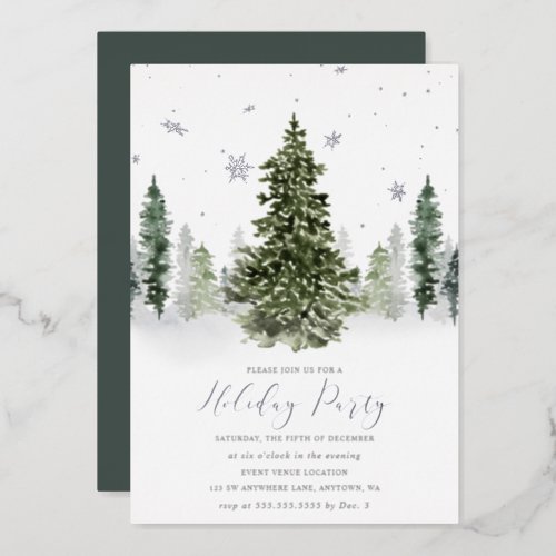 Watercolor Winter Forest Holiday Party Silver Foil Invitation