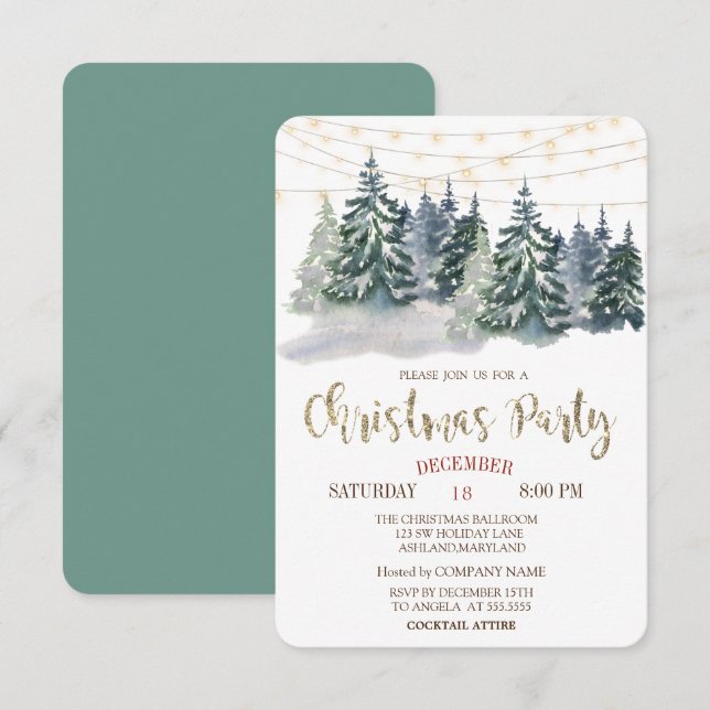 Watercolor Winter Forest,Lights Christmas Party  Invitation (Front/Back)