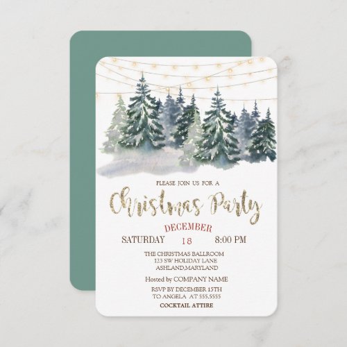 Watercolor Winter ForestLights Christmas Party  Invitation