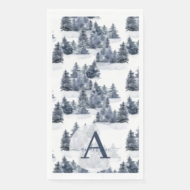 Watercolor Winter Forest Monogrammed Christmas Paper Guest Towels (Front)