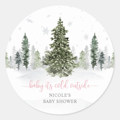Watercolor Winter Forest Pink Baby Shower Classic Round Sticker