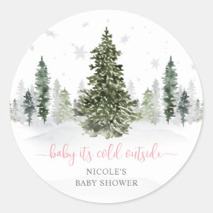 Watercolor Winter Forest Pink Baby Shower Classic Round Sticker
