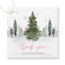 Watercolor Winter Forest Pink Baby Shower Favor Tags