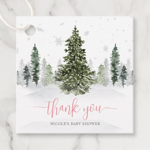 Watercolor Winter Forest Pink Baby Shower Favor Tags