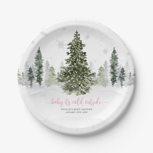 Watercolor Winter Forest Pink Baby Shower Paper Plates