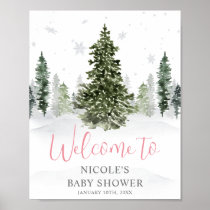 Watercolor Winter Forest Pink Baby Shower Welcome  Poster