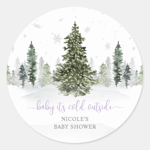 Watercolor Winter Forest Purple Baby Shower Classic Round Sticker