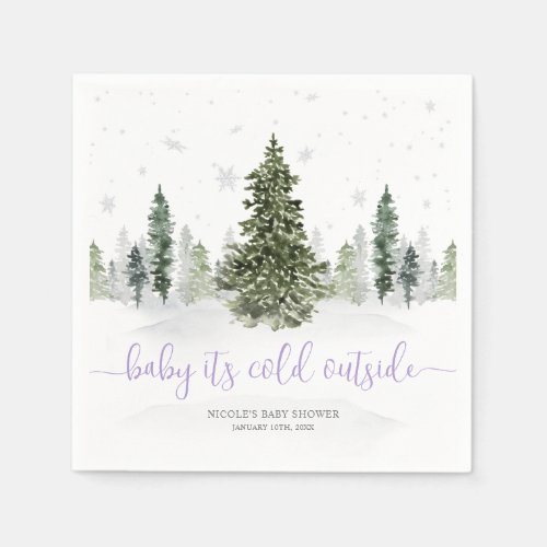 Watercolor Winter Forest Purple Baby Shower Napkins